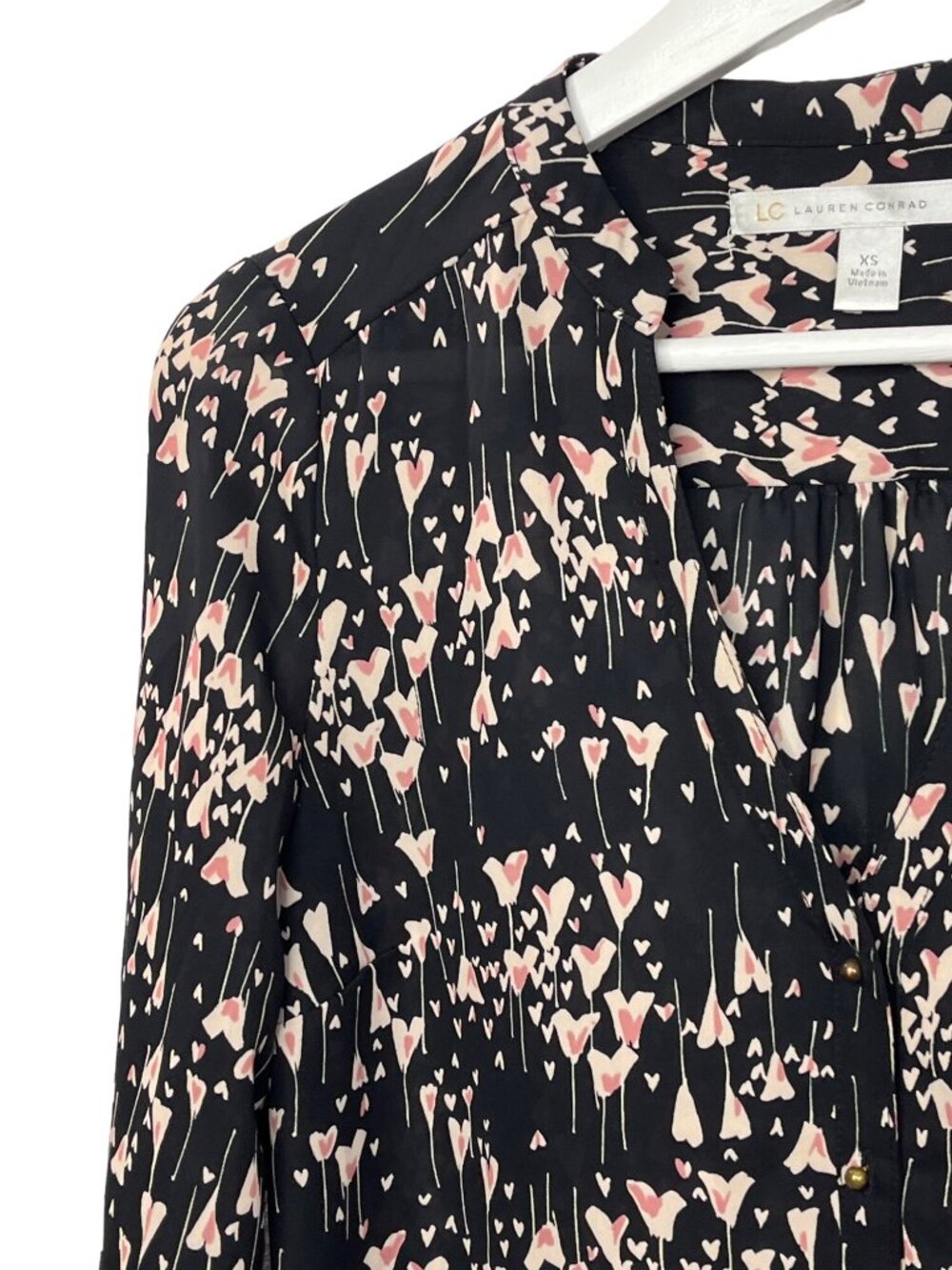 LC Lauren Conrad Womens XS Black Pink Floral Roll Tab Sleeve Blouse - Picture 7 of 12